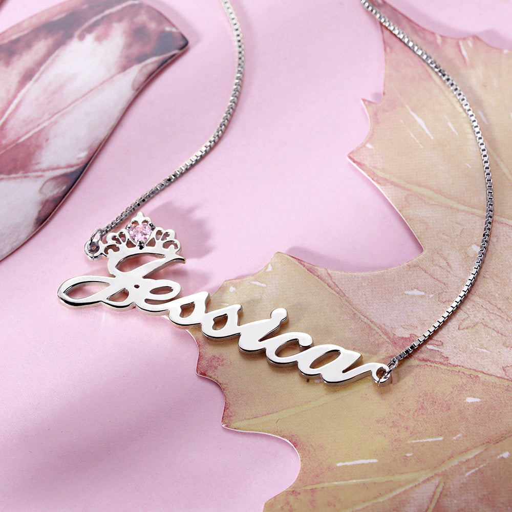 Personalized Crown Name Necklace with Birthstone in Silver Jewelry Treasures