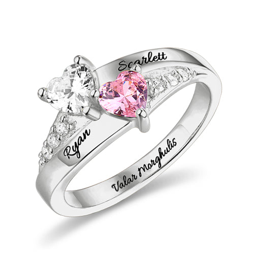 Engraved Double Heart Birthstone Ring Sterling Silver