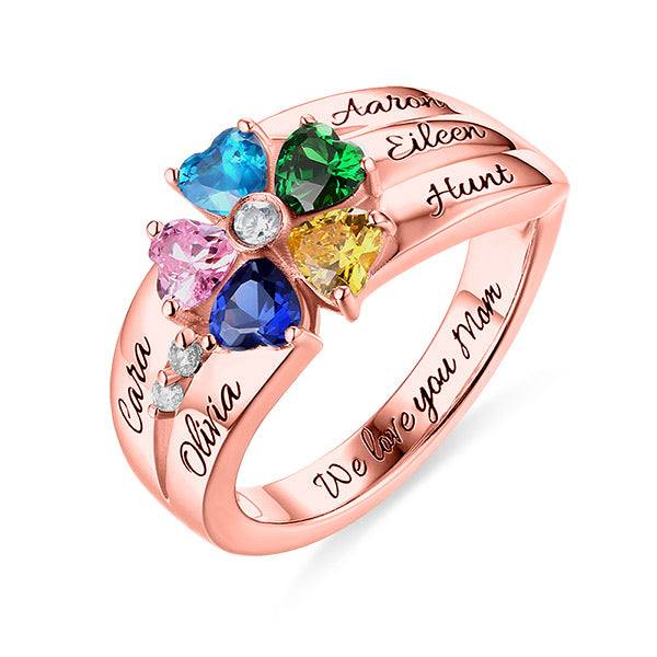 Engraved 5 Heart-Shaped Birthstones Ring In Sliver