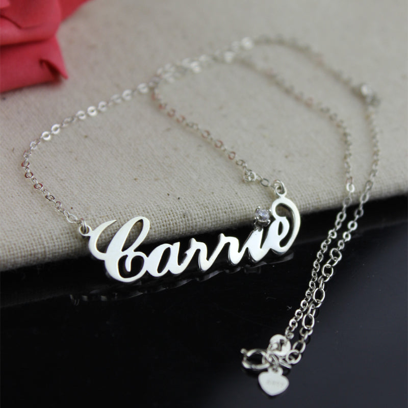 Sterling Silver Carrie Name Necklace With Birthstone Jewelry Treasures