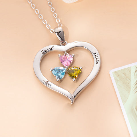 Personalized 3 Heart Birthstones Necklace with Engraving in Silver Jewelry Treasures