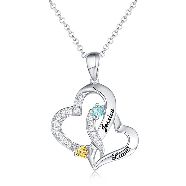 Personalized Double Heart Necklace with 2 Names & Birthstones Brass Jewelry Treasures