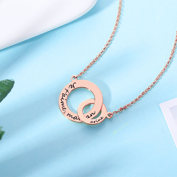 Engraved Interlocking Circle Necklace in Rose Gold Jewelry Treasures