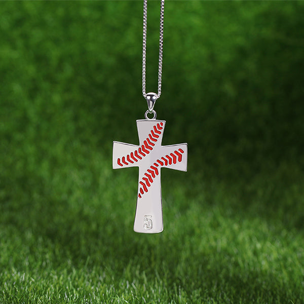 Engraved Baseball Line Cross Necklace in Silver Jewelry Treasures