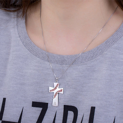 Engraved Baseball Line Cross Necklace in Silver Jewelry Treasures