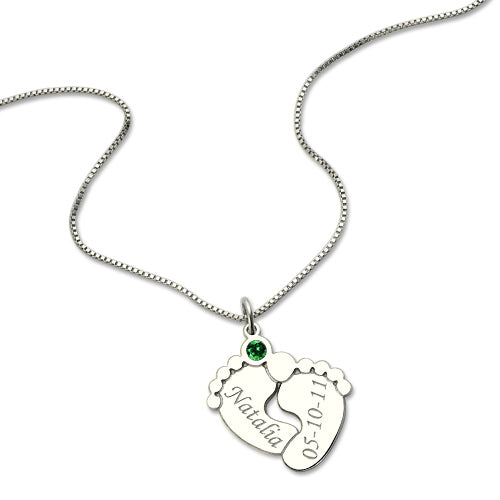 Silver Engraved Baby Feet Necklace with Personalized Birthstone Jewelry Treasures