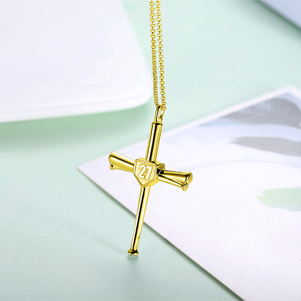 Engraved Double Side Baseball Cross Necklace Brass Jewelry Treasures