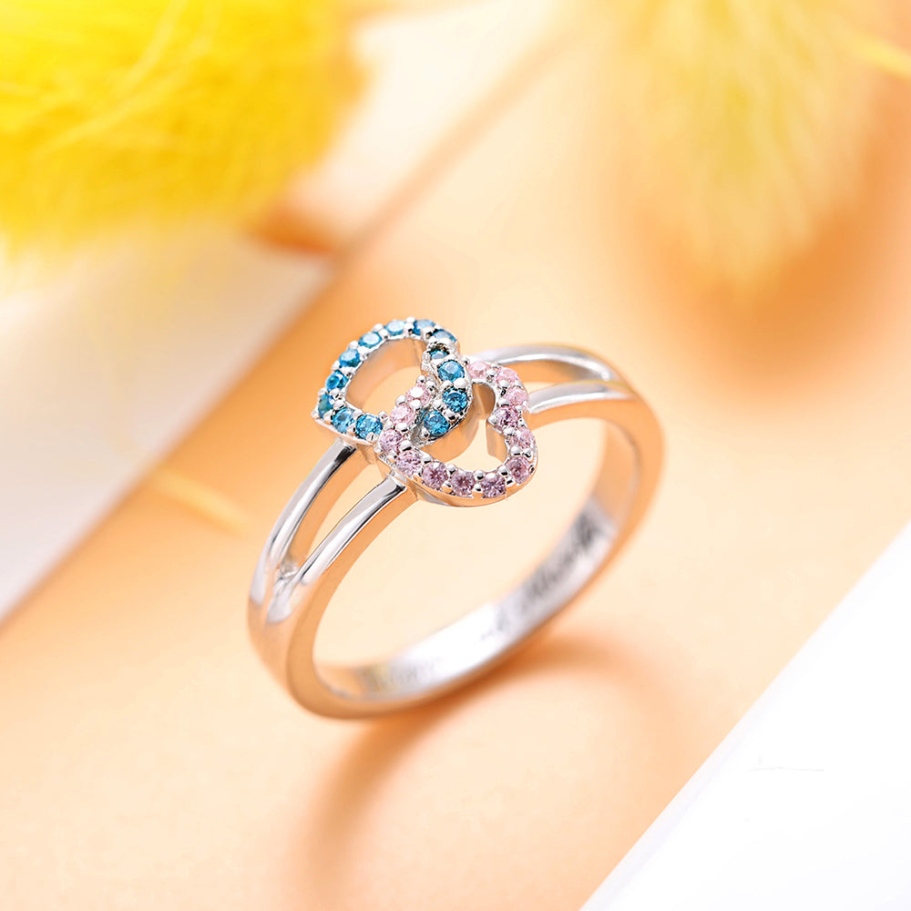 Engraved Dual Hearts Birthstones Silver Ring