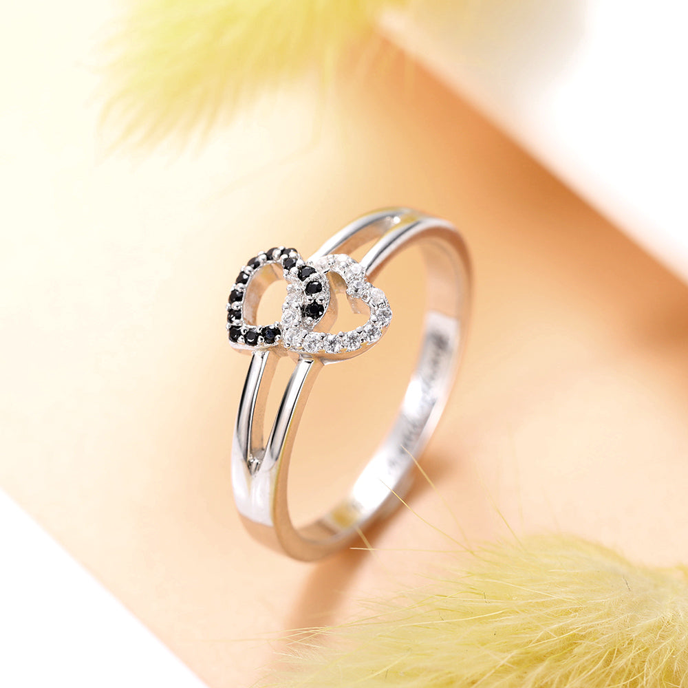 Engraved Dual Hearts Birthstones Silver Ring