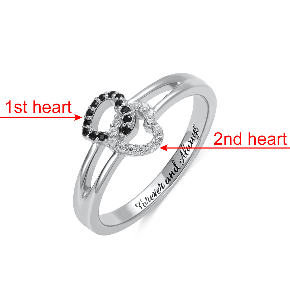 Engraved Dual Hearts Birthstones Silver Ring