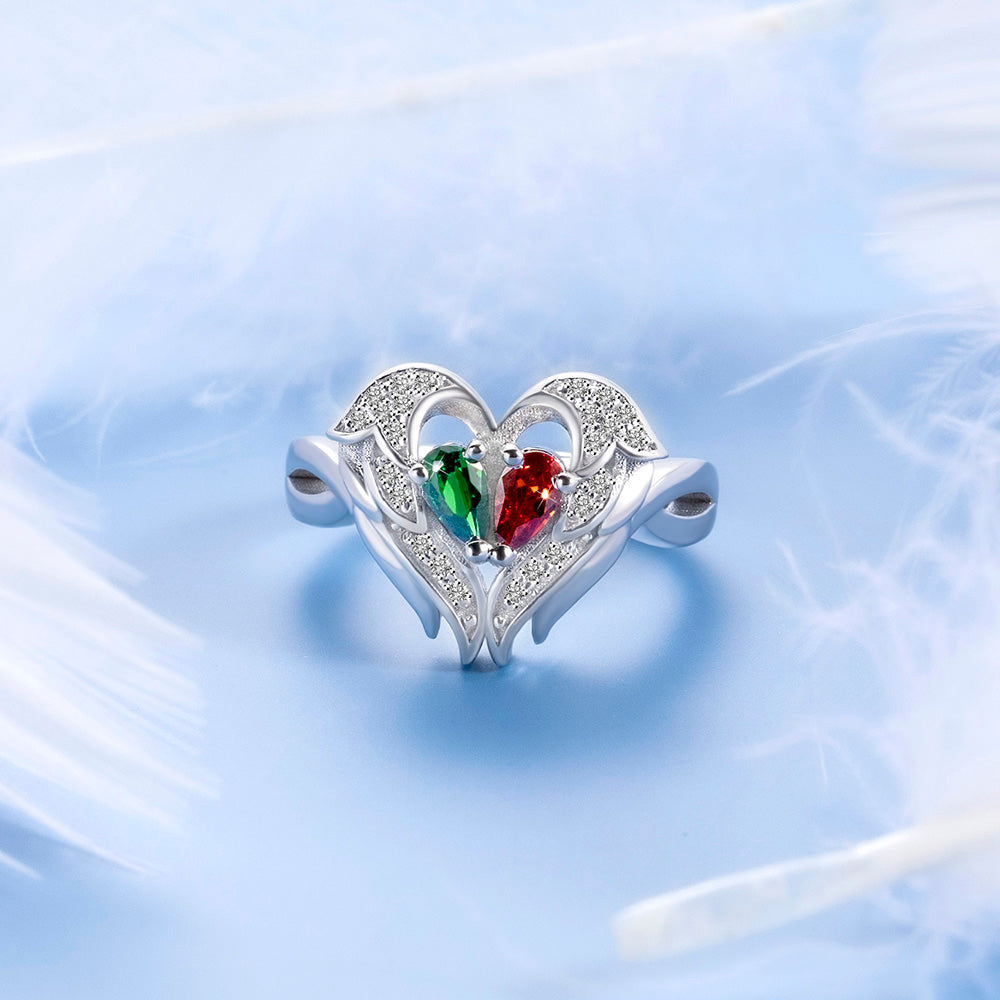 Personalized Angel Wings Ring with Two Birthstones