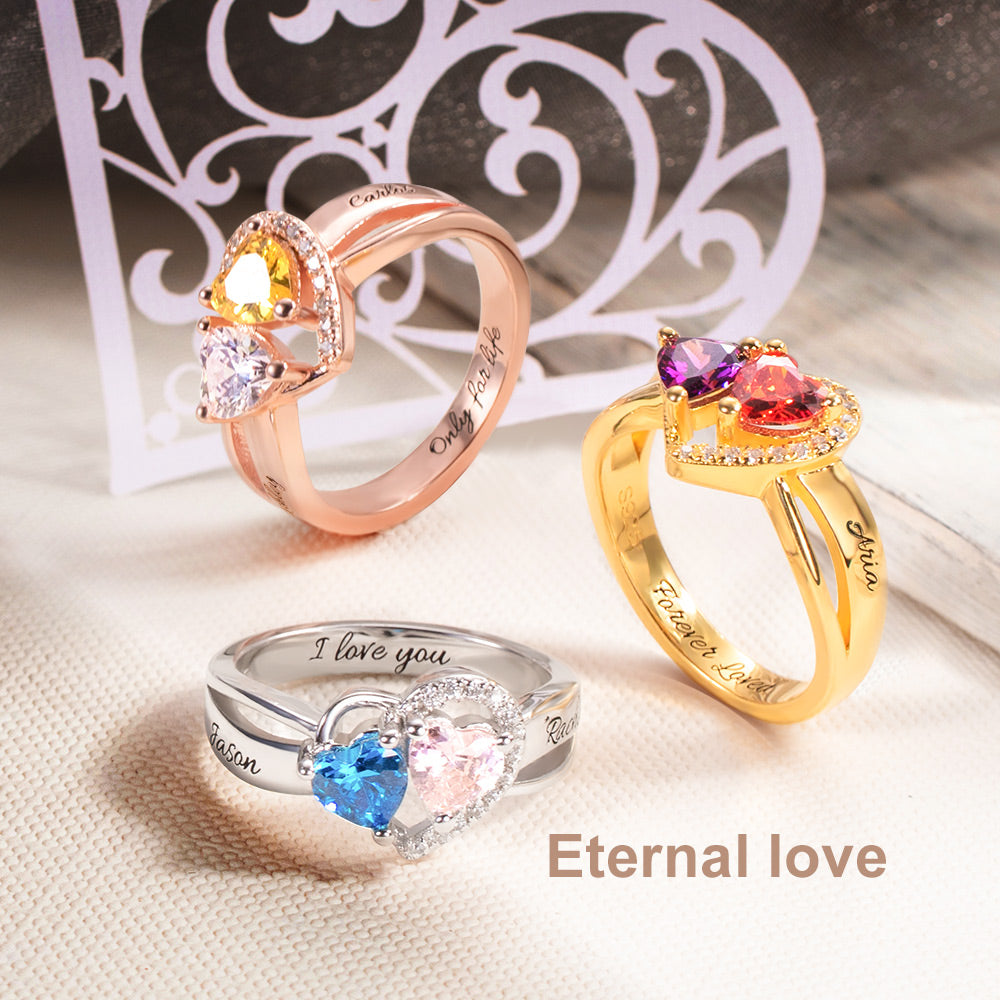 Heart Birthstones Engraved Promise Ring