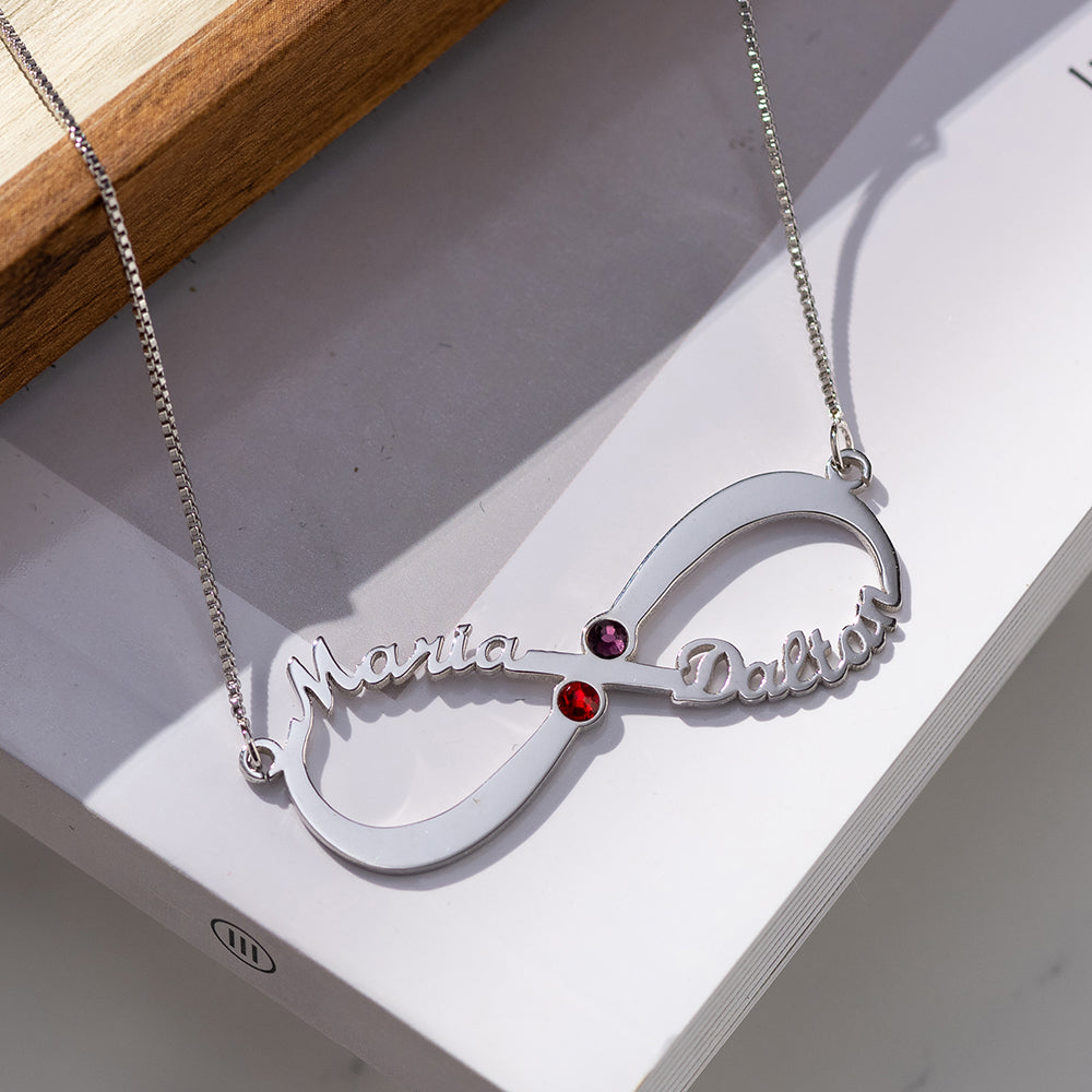 2 Names & Birthstones Infinity Love Necklace Sterling Silver Jewelry Treasures