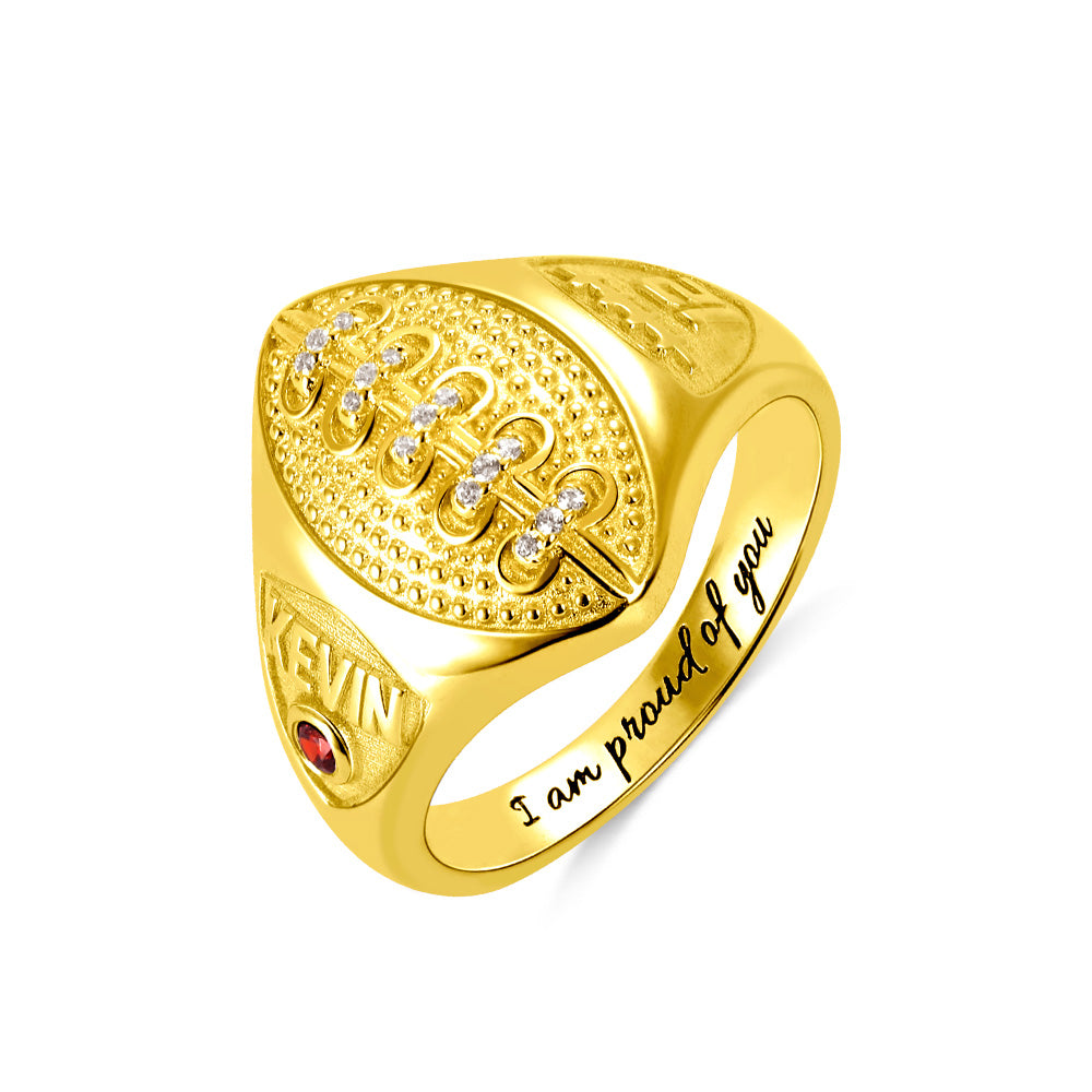 Personalized Football Ring with Birthstone and Engraving in Silver Jewelry Treasures