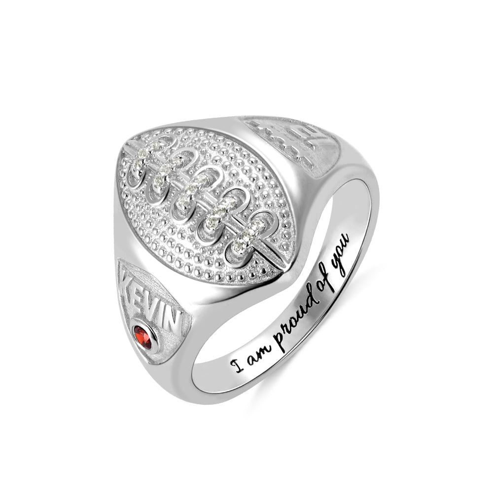 Personalized Football Ring with Birthstone and Engraving in Silver Jewelry Treasures