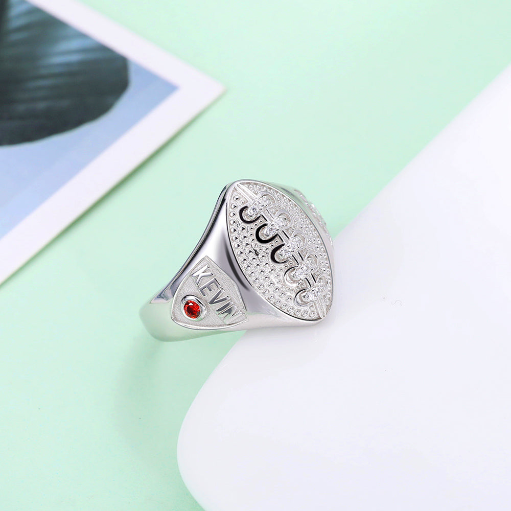 Personalized Football Ring with Birthstone and Engraving in Silver Jewelry Treasures