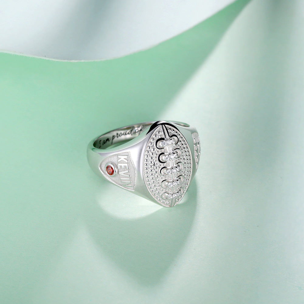 Personalized Football Ring with Birthstone and Engraving in Silver Jewelry Treasures