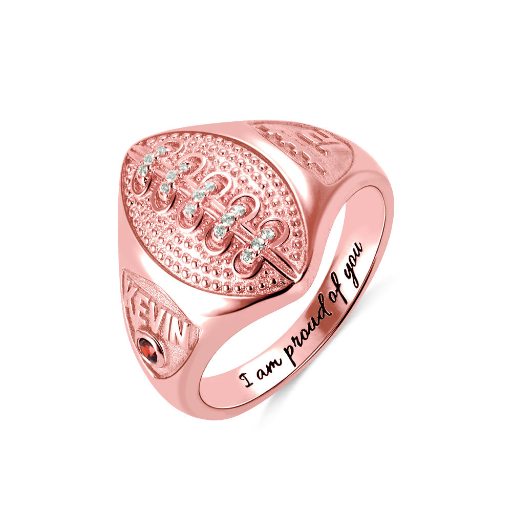 Personalized Football Ring with Birthstone and Engraving in Silver Jewelry Treasures