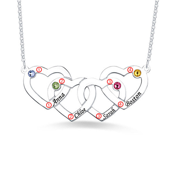 Four Hearts Names&Birthstones Necklace In Silver Jewelry Treasures