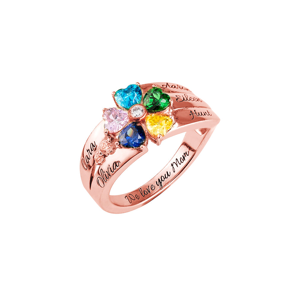 Engraved 5 Heart-Shaped Birthstones Ring In Sliver