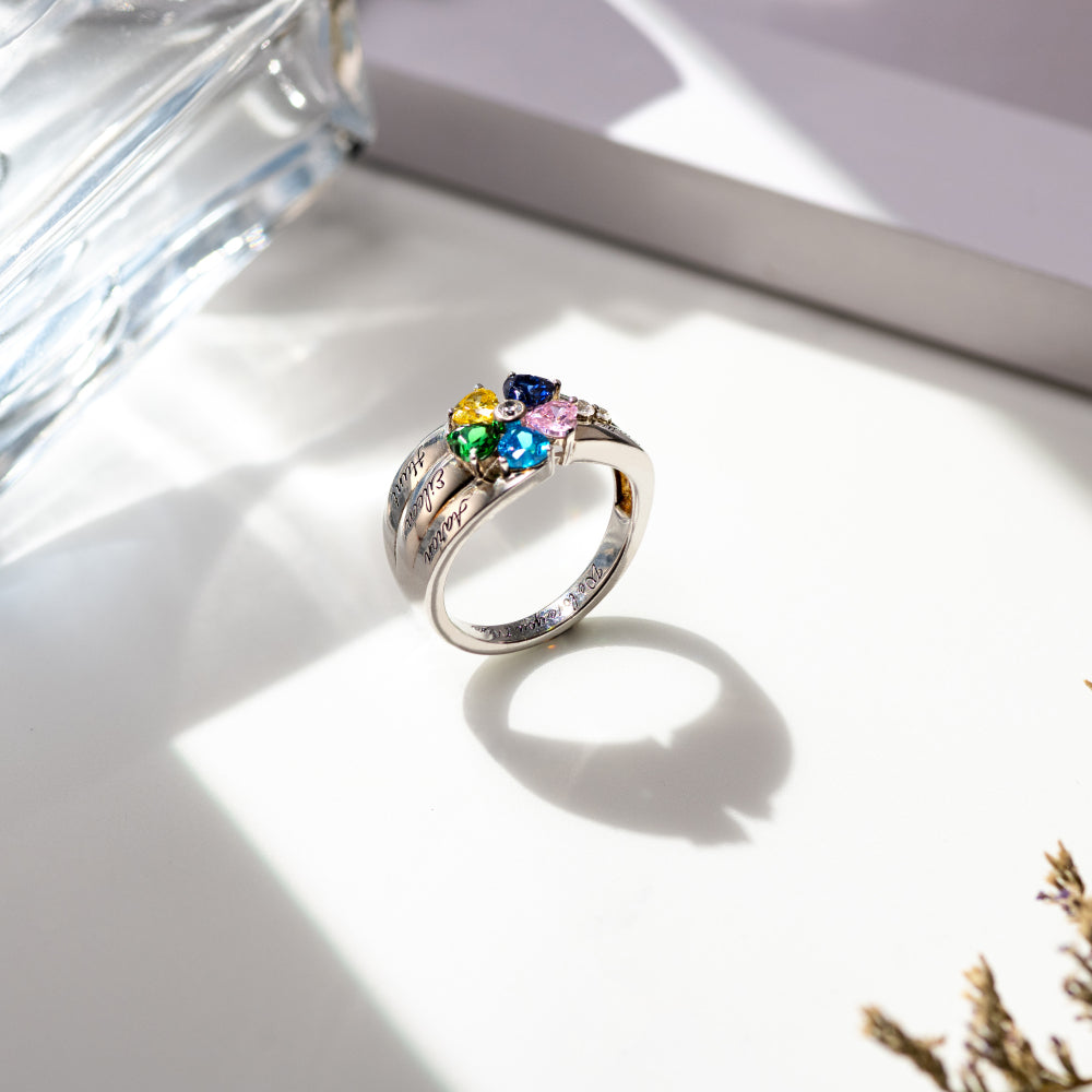 Engraved 5 Heart-Shaped Birthstones Ring In Sliver