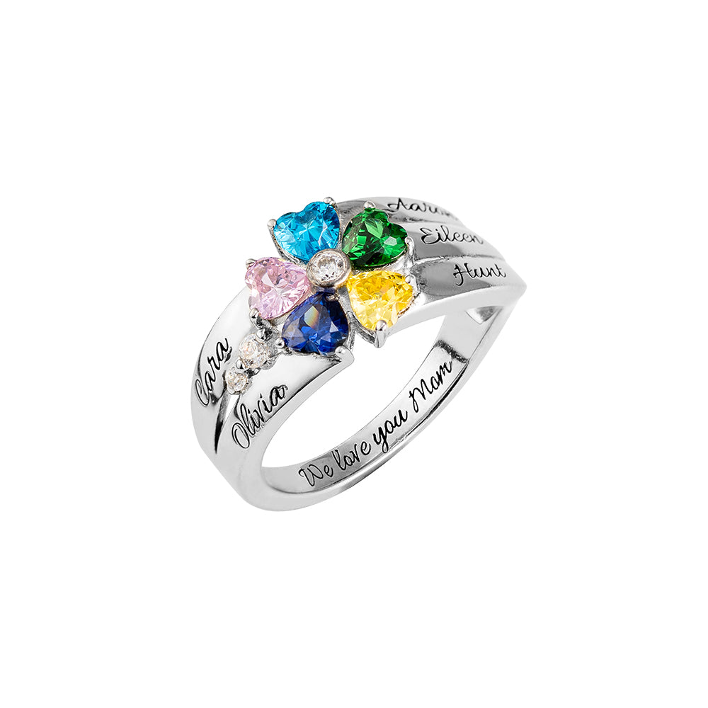 Engraved 5 Heart-Shaped Birthstones Ring In Sliver