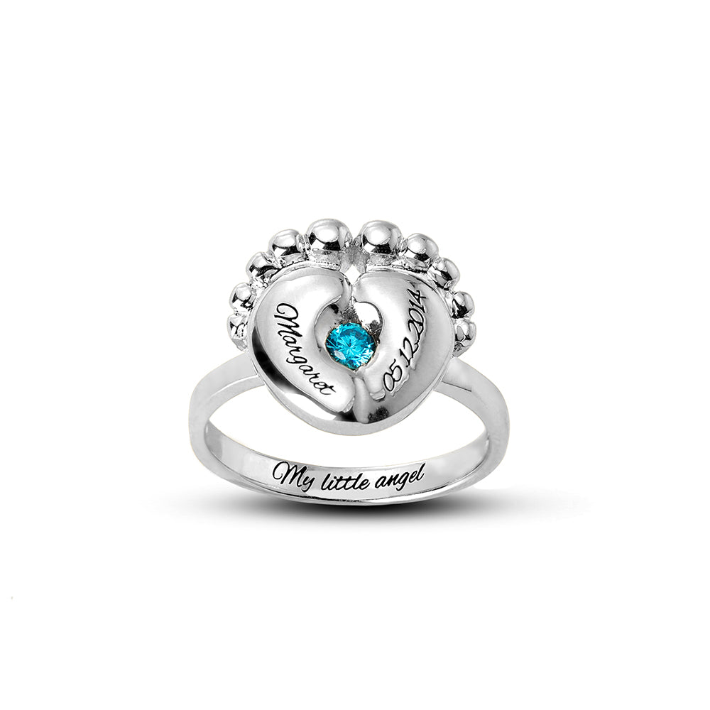 Engraved Baby Feet Birthstone Ring for New Moms