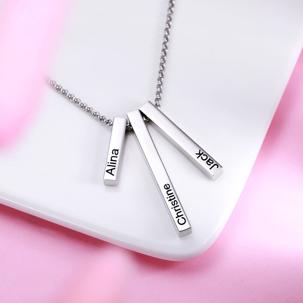 Engraved Triple 3D Vertical Bar Necklace Stainless Steel Jewelry Treasures