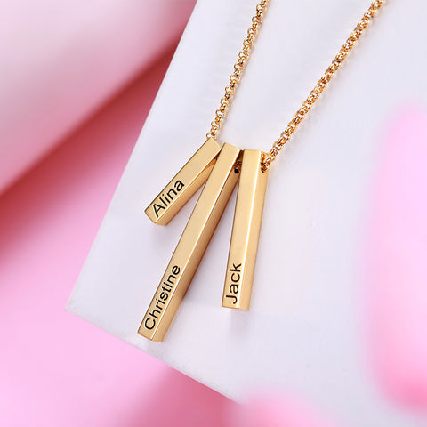 Engraved Triple 3D Vertical Bar Necklace Stainless Steel Jewelry Treasures