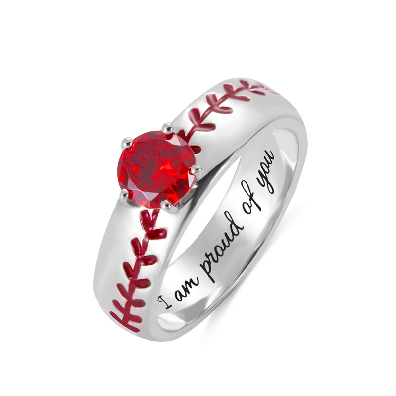 Engraved Baseball Texture Solitaire Birthstone Ring Jewelry Treasures