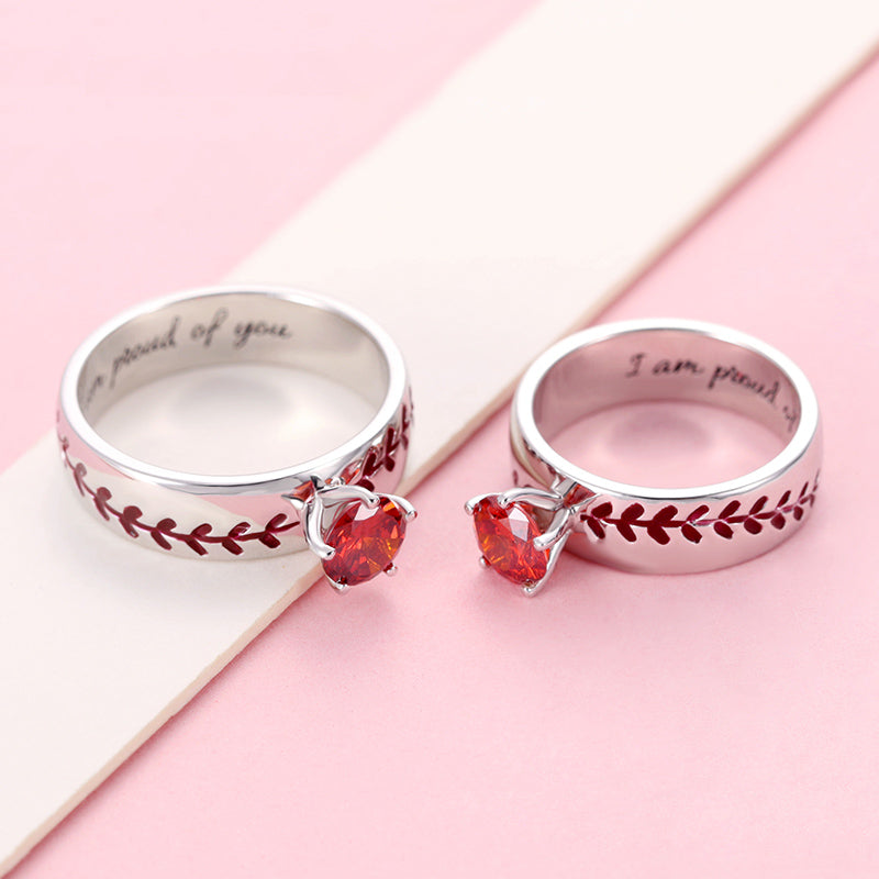 Engraved Baseball Texture Solitaire Birthstone Ring Jewelry Treasures