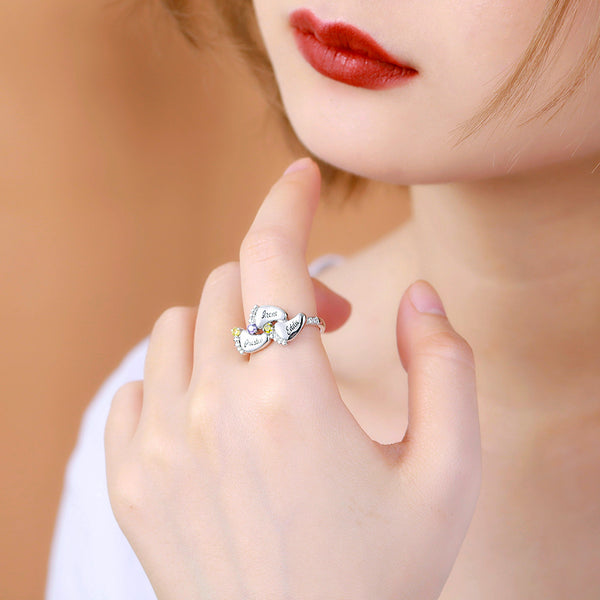 Engraved 3 Baby Feet Name Ring with Birthstone