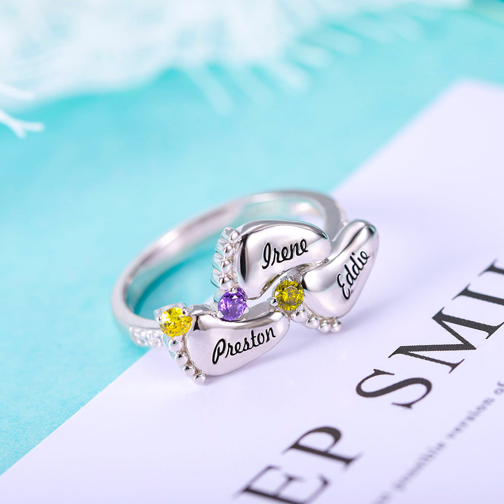 Engraved 3 Baby Feet Name Ring with Birthstone