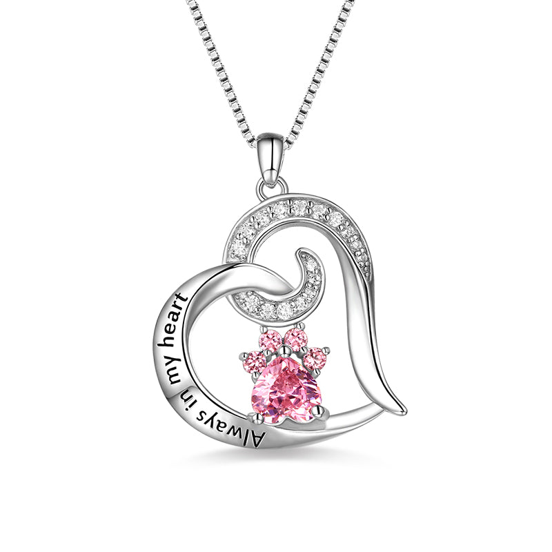 Engraved "Always in My Heart" Paw Print Birthstone Memorial Necklace Jewelry Treasures