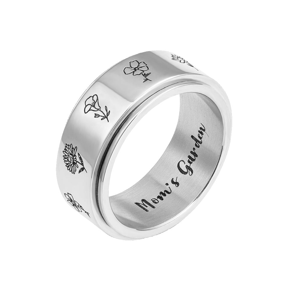 Personalized Birth Flower Ring, Stainless Steel Carved Ring with 1-13 Flower, Grandma's Garden Floral Ring Gifts for Women/Mother/Grandma Jewelry Treasures