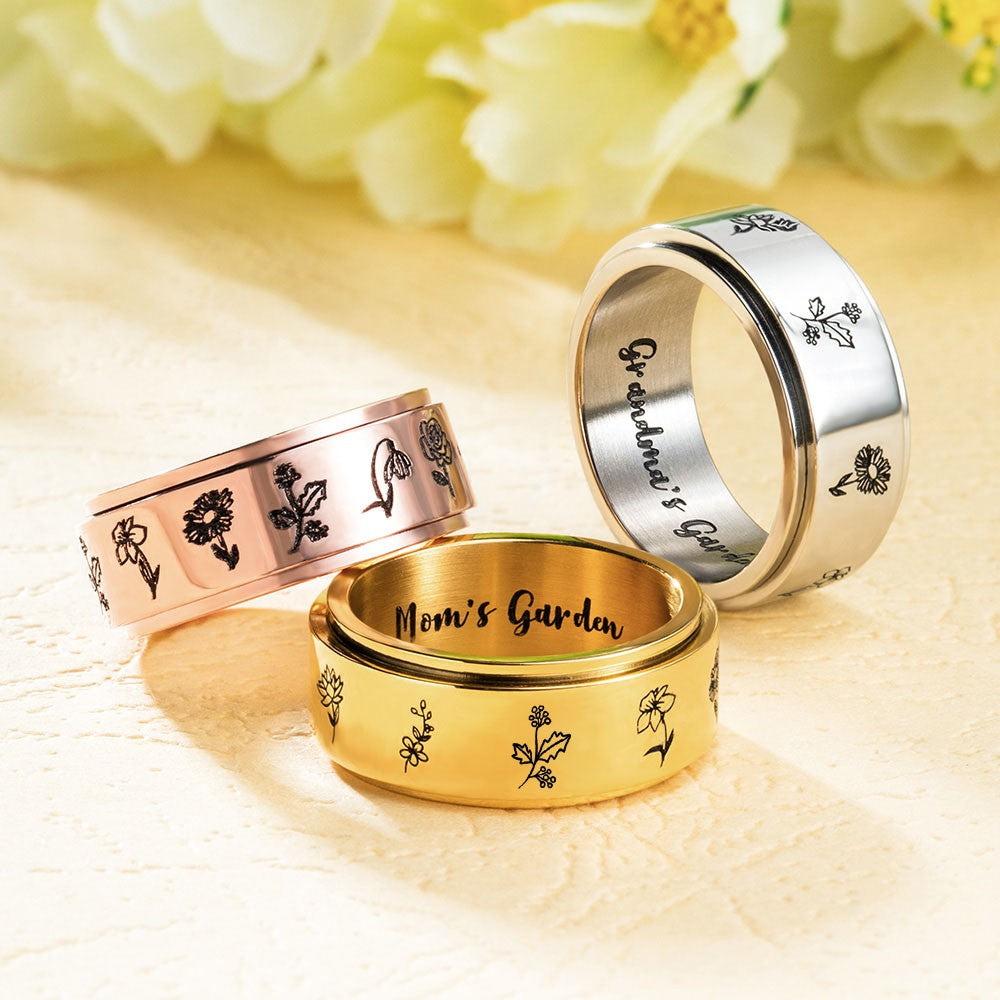 Personalized Birth Flower Ring, Stainless Steel Carved Ring with 1-13 Flower, Grandma's Garden Floral Ring Gifts for Women/Mother/Grandma Jewelry Treasures