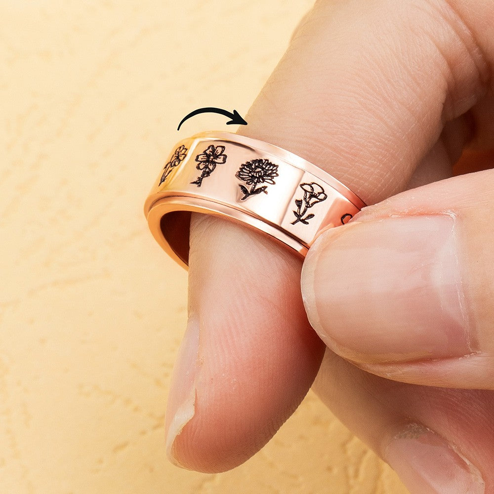 Personalized Birth Flower Ring, Stainless Steel Carved Ring with 1-13 Flower, Grandma's Garden Floral Ring Gifts for Women/Mother/Grandma Jewelry Treasures