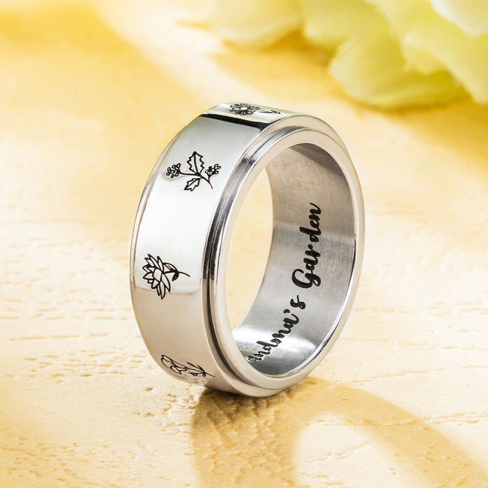 Personalized Birth Flower Ring, Stainless Steel Carved Ring with 1-13 Flower, Grandma's Garden Floral Ring Gifts for Women/Mother/Grandma Jewelry Treasures