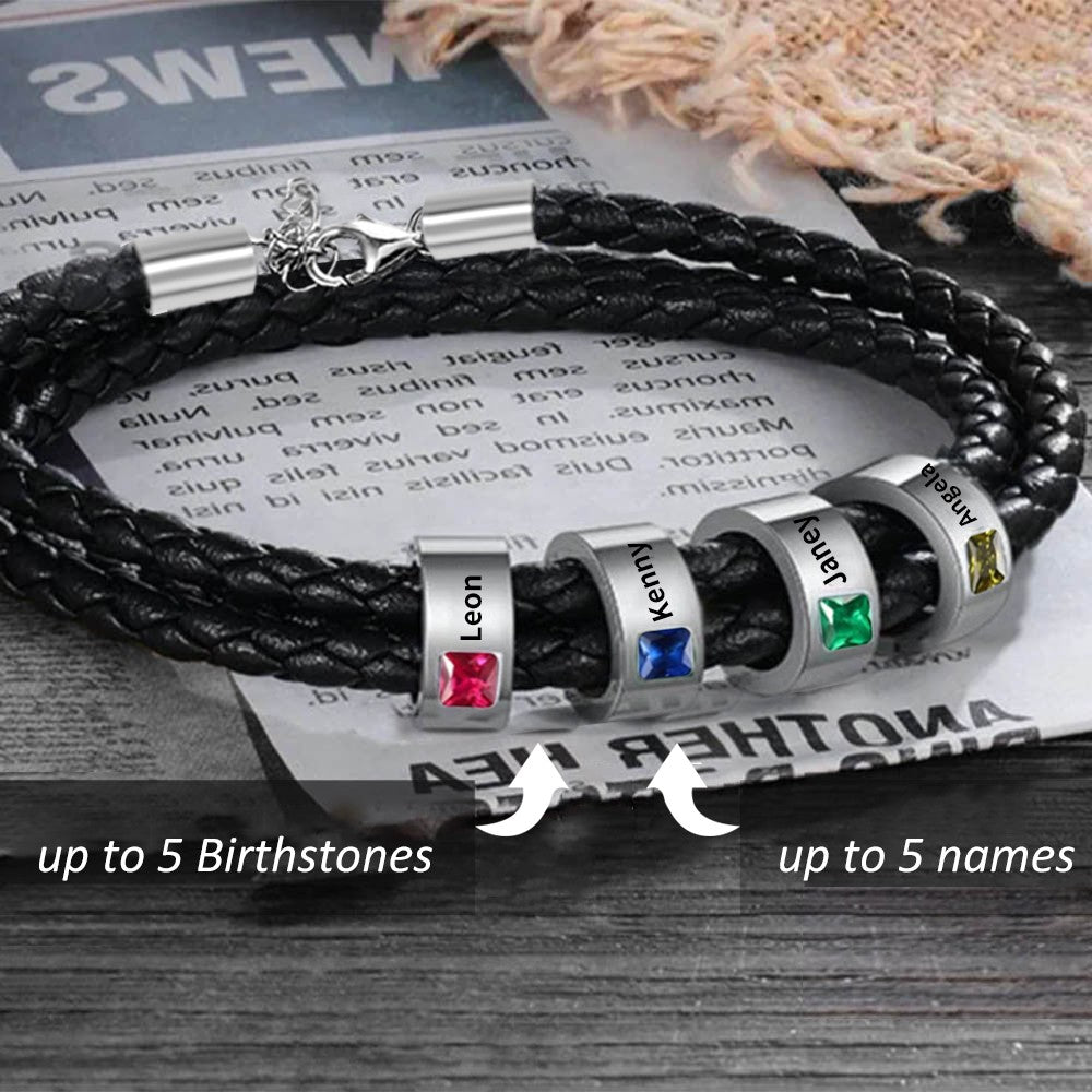 Personalized Name Bracelet with Birthstone, Braided Leather Bracelet Jewelry Treasures