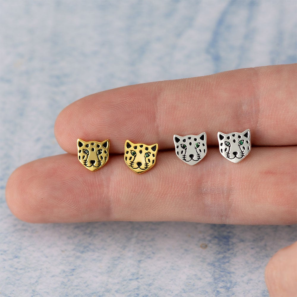 Leopard Face Stud Earrings, Nature Inspired Animal Earrings, Sterling Silver 925 Leopard Earrings Platinum/Gold Plated, Gift for Pet Lovers/Women