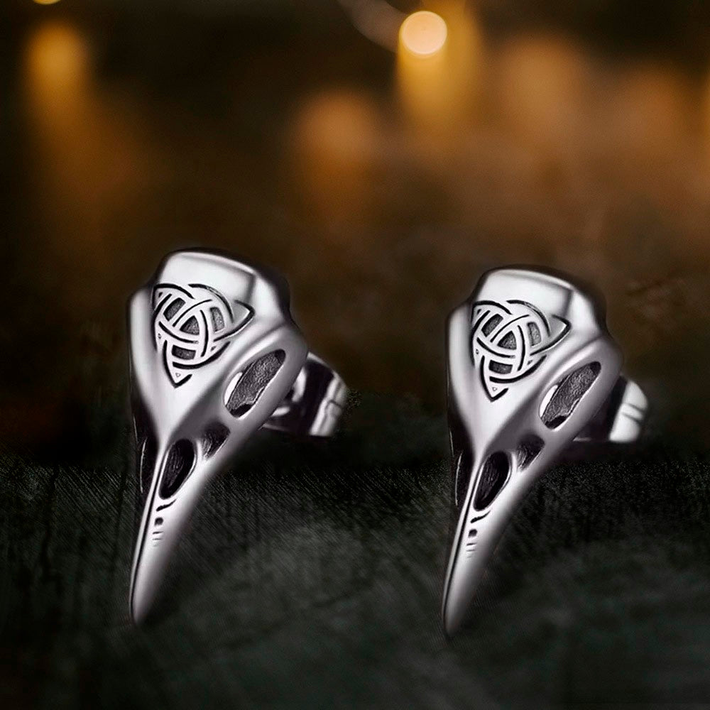 Viking Raven Skull Stud Earrings with Celtic Knot, Vintage Jewelry Thor's Hammer Studs Wolf Head Stud Earrings for Men/Women