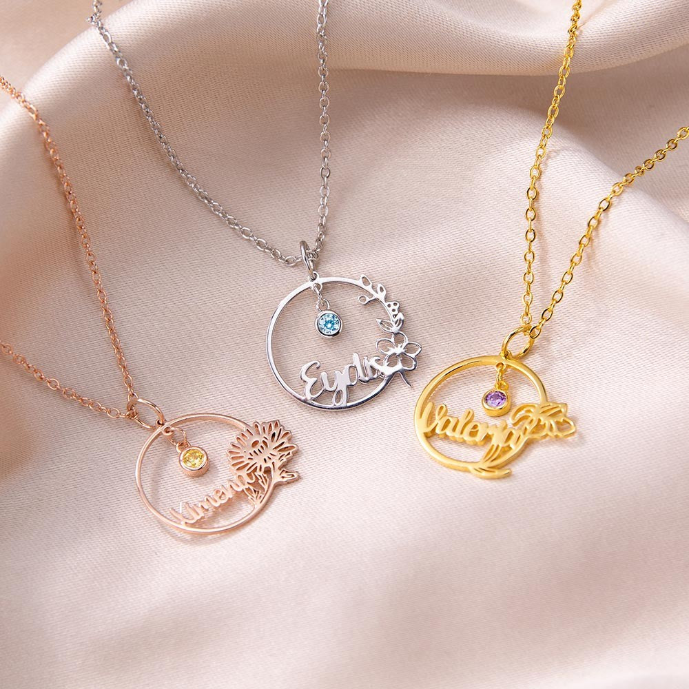 Personalized Birthstone & Birth Flower Necklace, Dainty Name Circle Necklace Jewelry Treasures