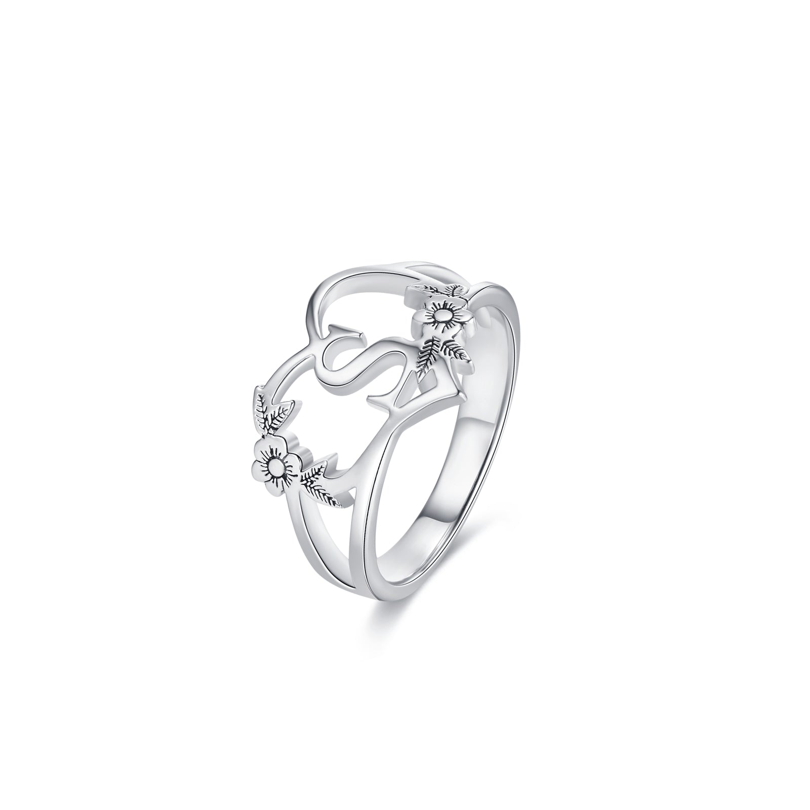 Custom Initial Heart and Flowers Ring, Custom Initial Ring