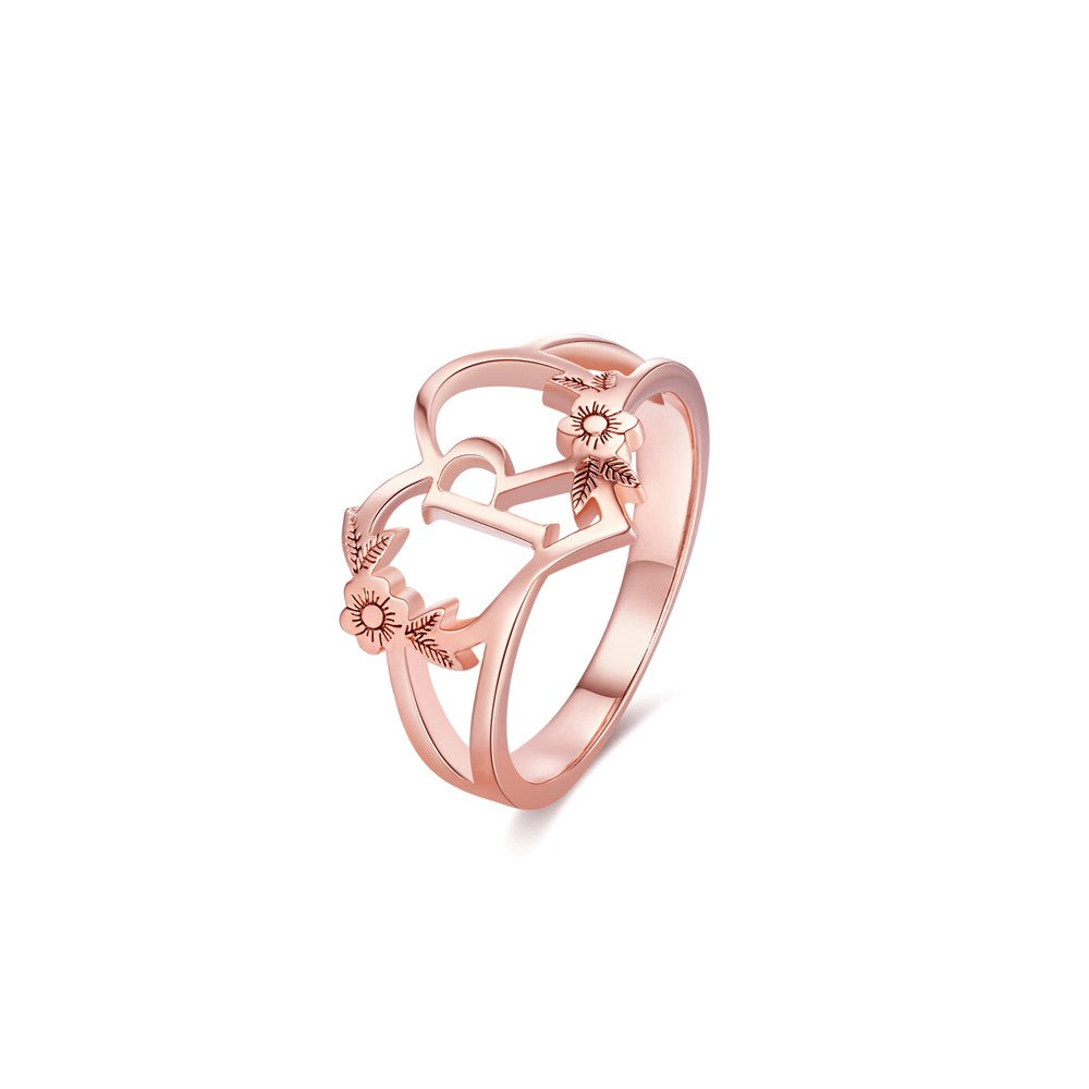 Custom Initial Heart and Flowers Ring, Custom Initial Ring