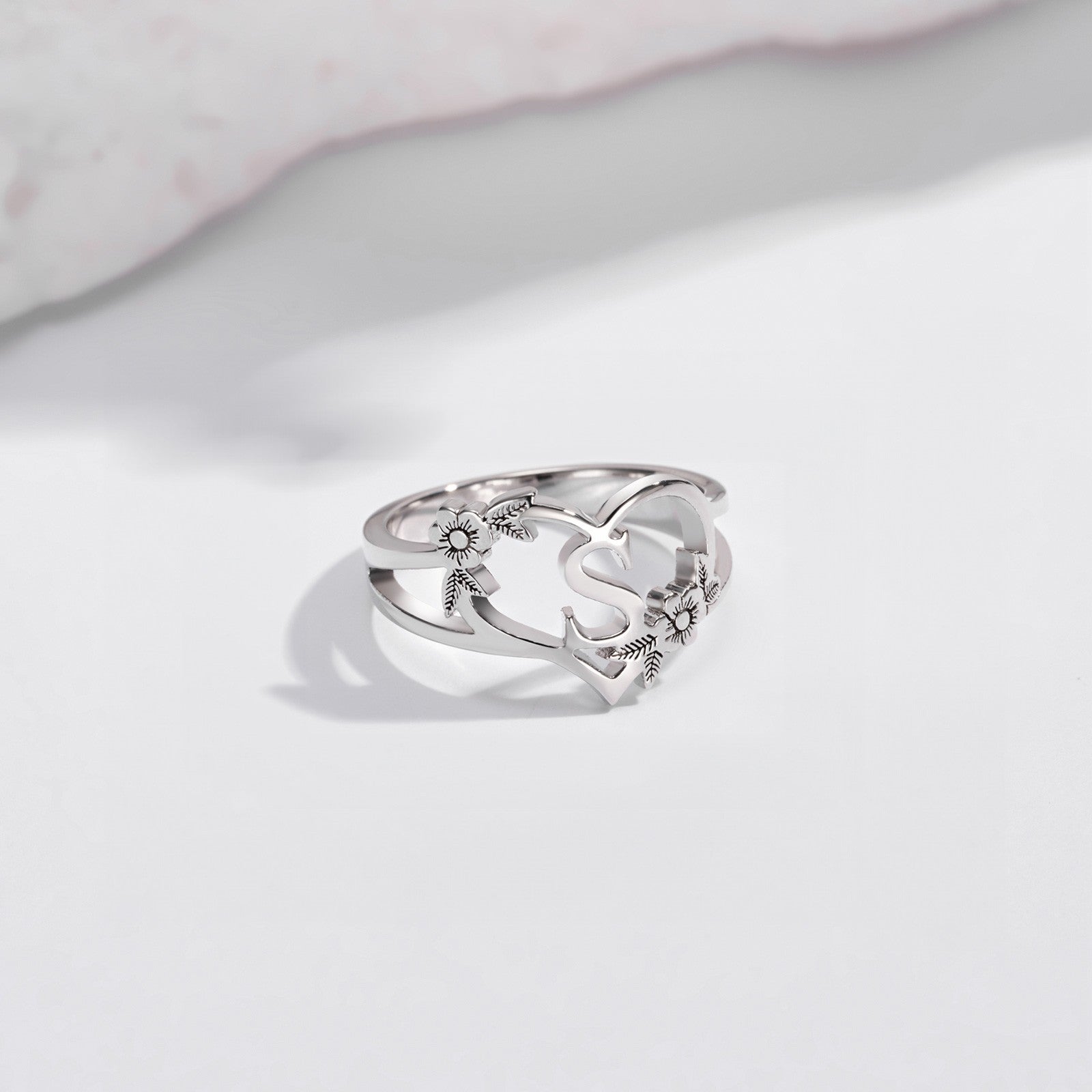 Custom Initial Heart and Flowers Ring, Custom Initial Ring