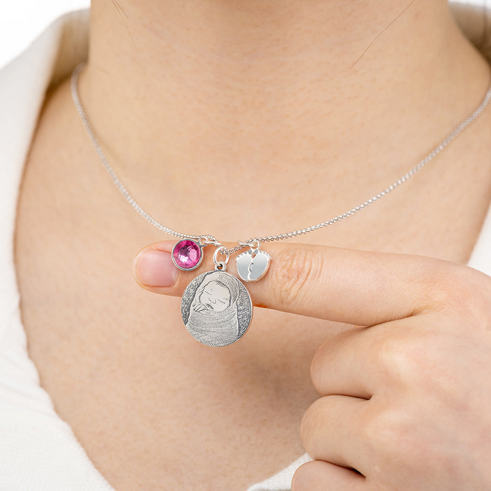 Birthstone Photo-Engraved Necklace with Baby Feet Sterling Silver Jewelry Treasures