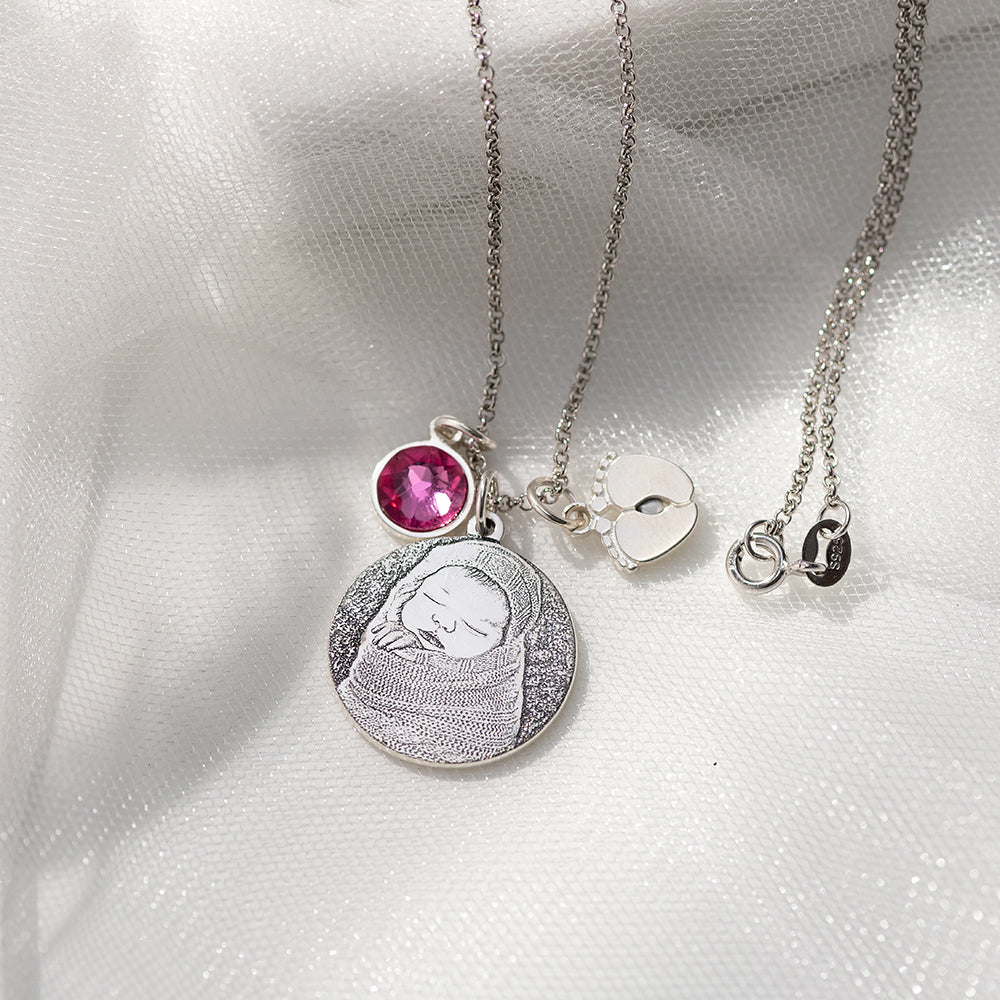 Birthstone Photo-Engraved Necklace with Baby Feet Sterling Silver Jewelry Treasures