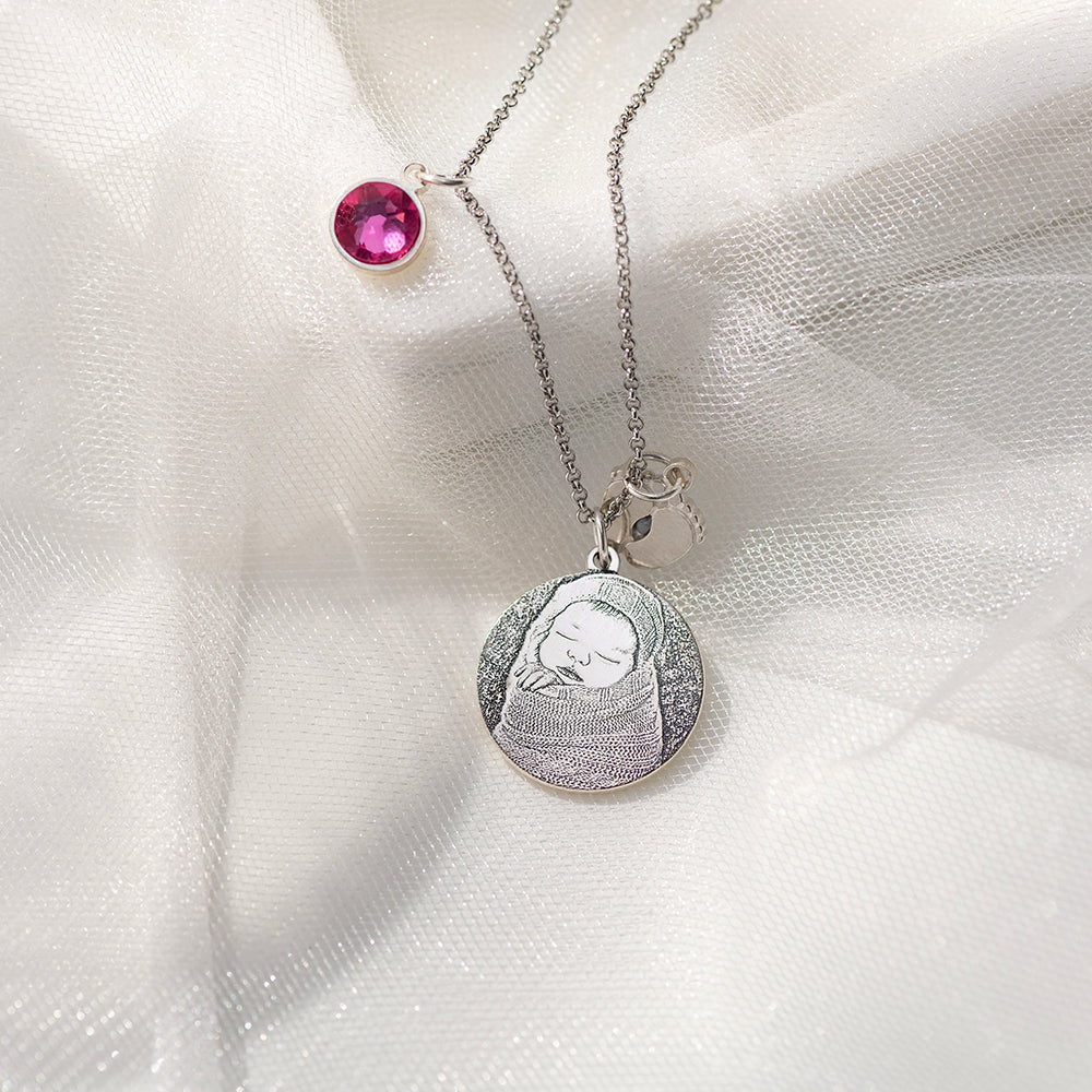 Birthstone Photo-Engraved Necklace with Baby Feet Sterling Silver Jewelry Treasures