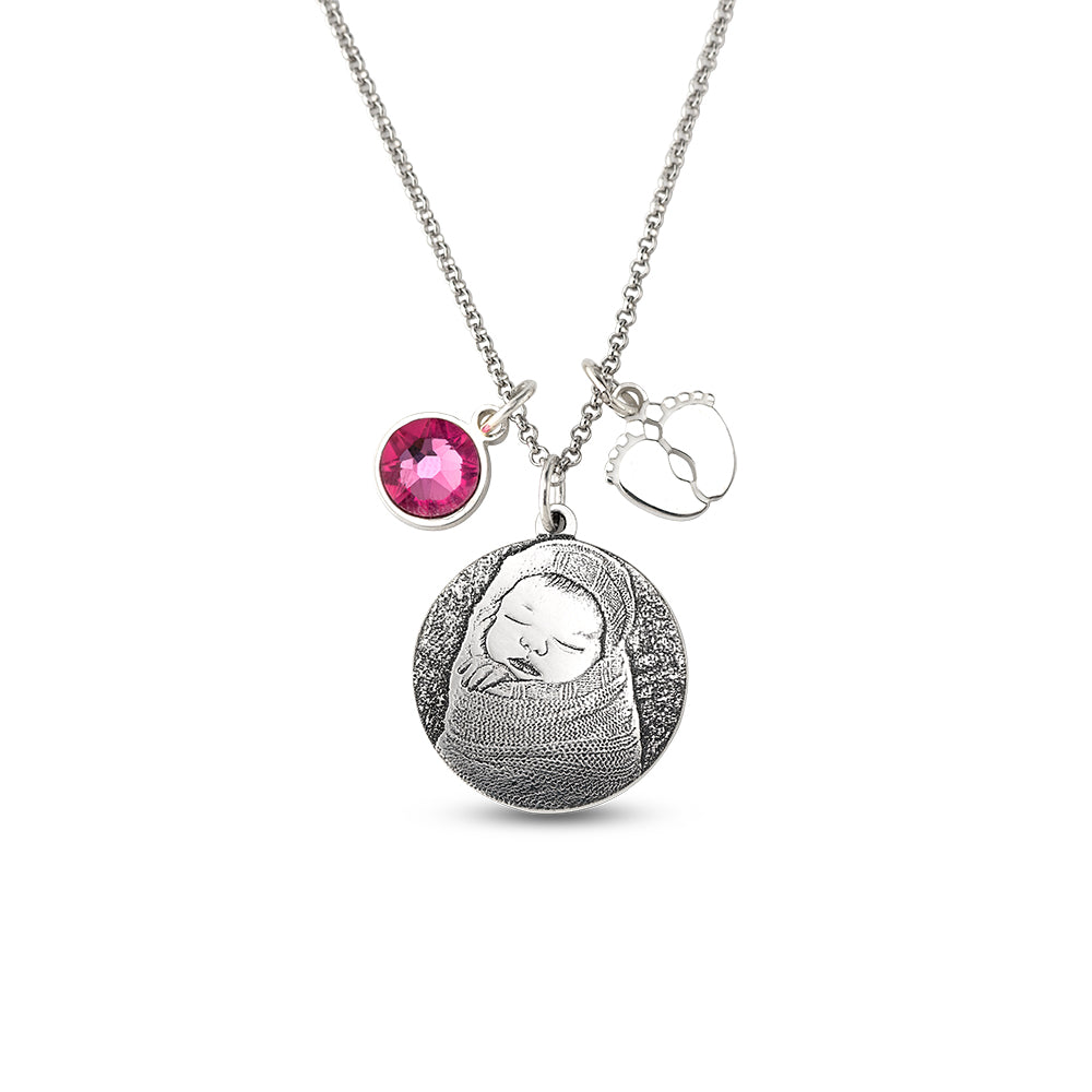 Birthstone Photo-Engraved Necklace with Baby Feet Sterling Silver Jewelry Treasures