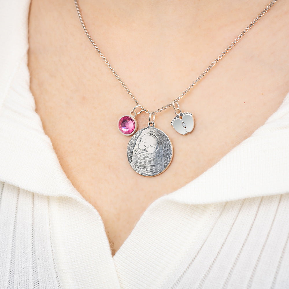 Birthstone Photo-Engraved Necklace with Baby Feet Sterling Silver Jewelry Treasures